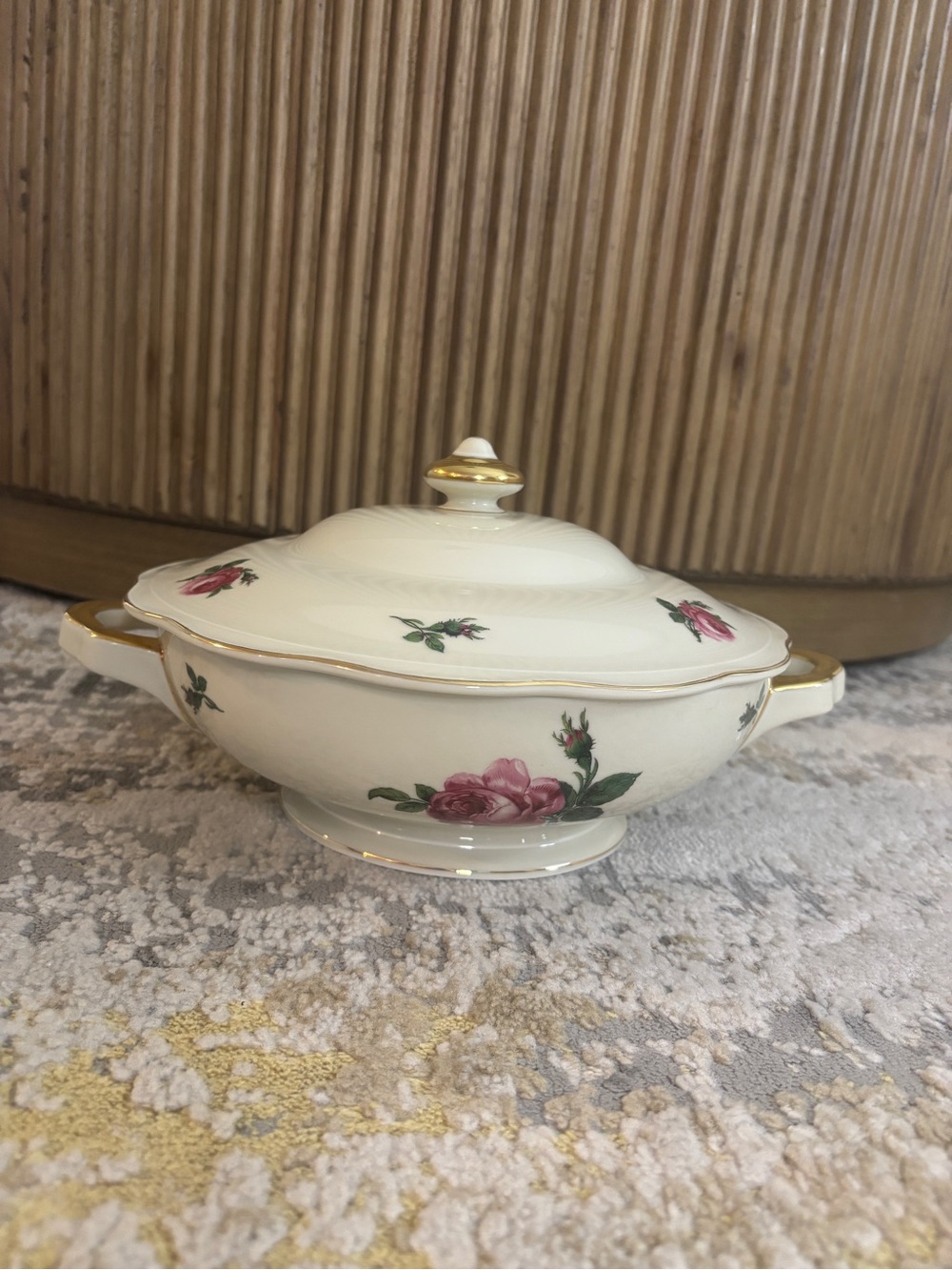 Vintage KPM Krister Germany Porcelain Covered Vegetable Tureen Pink Rose Gold